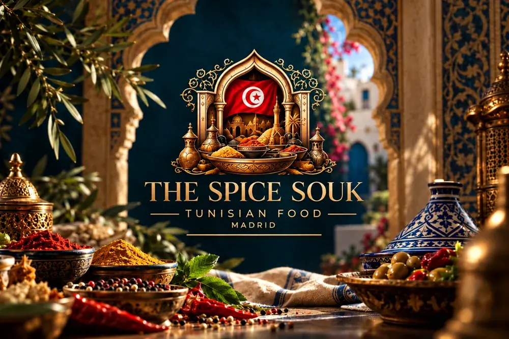 The Spice Souk brand artwork with a Tunisian flag, golden arch and spice bowls